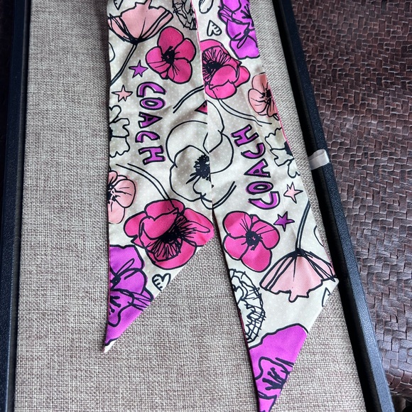 Authentic Coach Pink Skinny Scarf | 100% Silk Bag Scarf - Picture 3 of 4